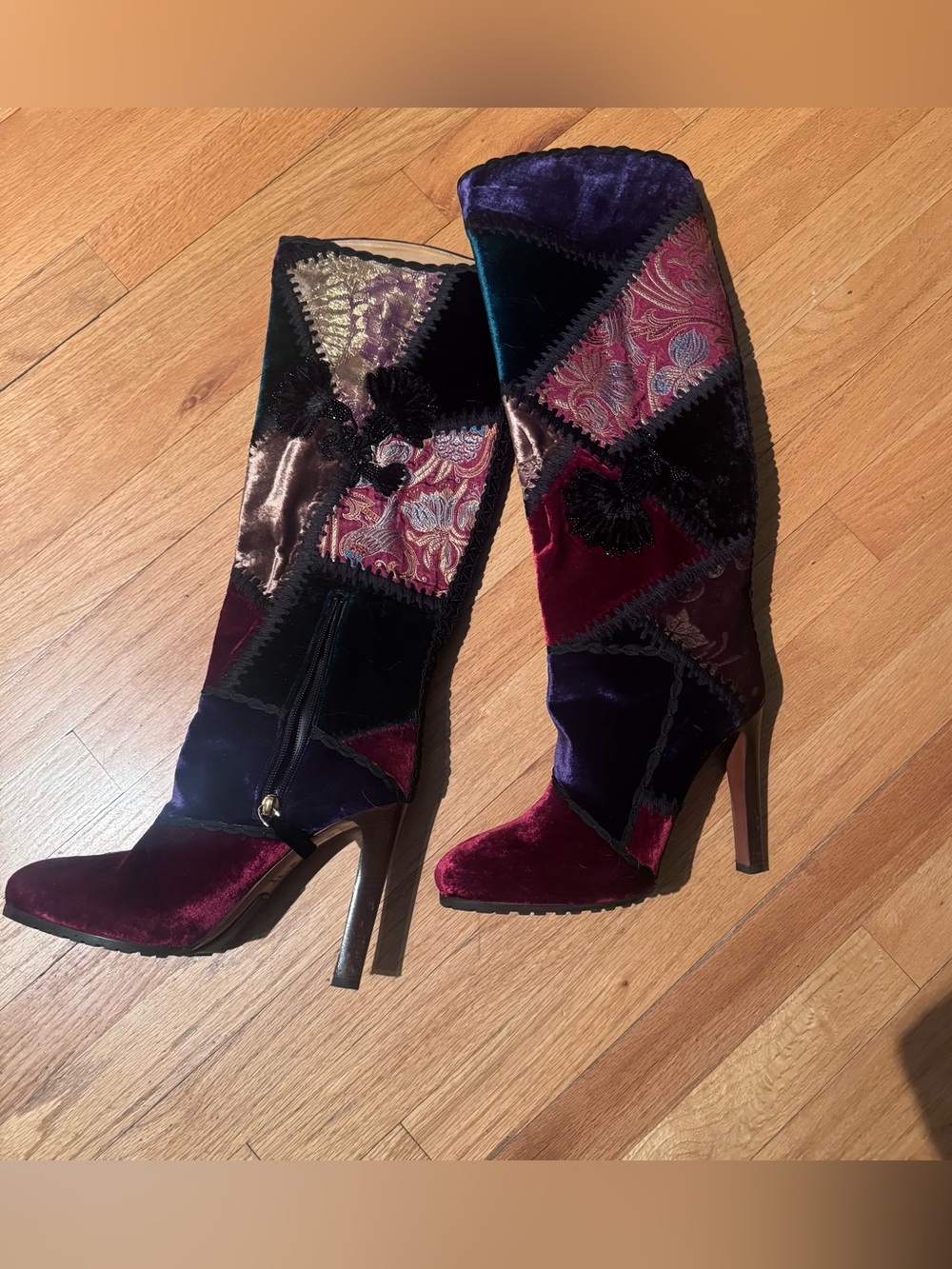RARE! Ralph Lauren Remmy Boots Purple Label  Silk Velvet Patchwork Sz 39 8.5 - Picture 3 of 7